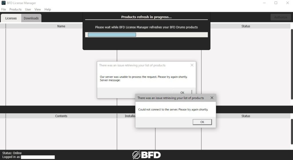 BFD License Manager。オンラインになっているが、BFDライセンスが表示されていない。
